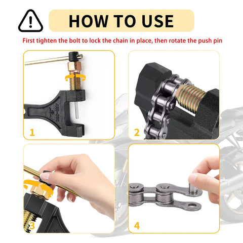 Instructional steps using Upgraded Motorcycle Chain Breaker Tool Set With Replacement Thimble For 420 428 520 525 528 530 Chains.