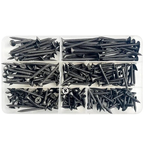 220 Piece Dang Tough Carbon Steel Phillips Pan Head Wood Screws Assortment Kit in organized storage box for DIY projects.