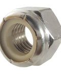 Close-up of Top Shelf No Twelve Twenty Four Nylon Insert Hex Lock Nut, stainless steel, suitable for secure fastening.