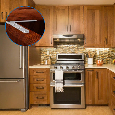 Modern kitchen with wooden cabinets featuring a close-up inset of 4 Pack 360 Degree Adjustable Pivot Hinges For Cabinets Doors Windows And Bookcases Rotatable Stainless Steel Hidden Knife Hinges Silver Finish For Quiet Smooth Operation Replacement Hardware Easy Install No Squeak.