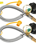 Stainless Steel Braided 18 Inch RV Propane Hose With Gauge Pack Of Two for Standard Two Stage Regulator Fittings One Quarter Inch NPT To QCC1 Quick Connect CSA Certified For Camper, Grill And Outdoor Use.