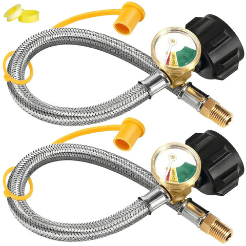 Stainless Steel Braided 18 Inch RV Propane Hose With Gauge Pack Of Two for Standard Two Stage Regulator Fittings One Quarter Inch NPT To QCC1 Quick Connect CSA Certified For Camper, Grill And Outdoor Use.