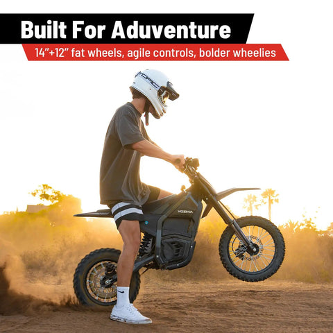 IN10 Electric Dirt Bike With 2600W Peak Motor, 40 MPH Top Speed, 48V 23Ah Battery, Full Hydraulic Brakes And Suspension, Off Road Mountain Ebike For Teens And Adults, Ready To Rip Trails, rider doing a wheelie on 14-inch fat tires