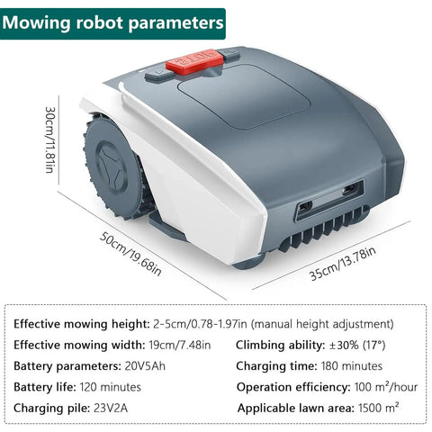 Effortless Robotic Lawn Mower for Large Yards Up to 1500 Square Meters with Boundary Line, app controlled, size dimensions shown