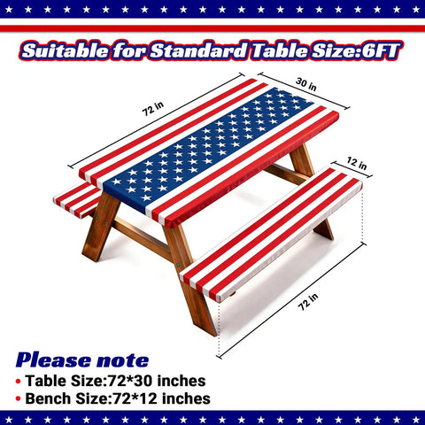 American Flag Picnic Table Cover Set With Bench Covers, 6 Foot Windproof Waterproof Fitted Tablecloth, 72 Inch Details