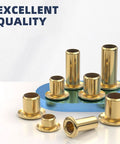 Top Shelf Pure Brass Hollow Rivet Eyelets for Leather and Heavy Duty Fabric Crafting Secure Fastener Clips Smooth Grommet Assortment 200 Pieces displayed on a blue surface.