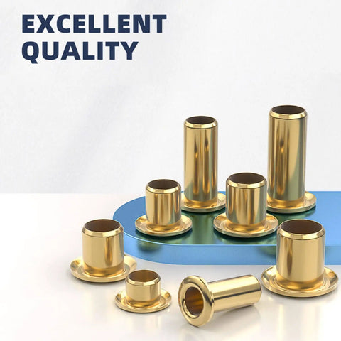 Top Shelf Pure Brass Hollow Rivet Eyelets for Leather and Heavy Duty Fabric Crafting Secure Fastener Clips Smooth Grommet Assortment 200 Pieces displayed on a blue surface.