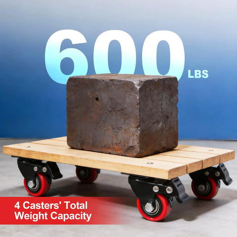 Heavy Duty Two Inch Caster Wheels With Twin Locking Brakes And Silent Polyurethane Treads That Make Moving Heavy Gear Feel Like Childs Play Fast Swivel Rolling Set Of Eight For Shop Garage with a 600 lb weight block on a wooden platform.
