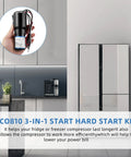 Kitchen with a modern fridge and inset showing RCO810 Refrigerator 3 In 1 Solid State Hard Start Relay Kit With Overload And Start Capacitor 120V