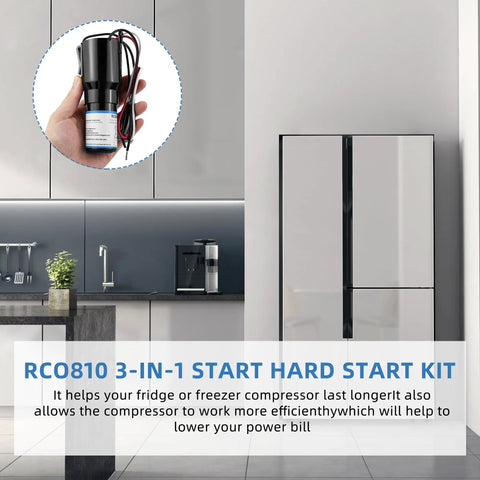 Kitchen with a modern fridge and inset showing RCO810 Refrigerator 3 In 1 Solid State Hard Start Relay Kit With Overload And Start Capacitor 120V