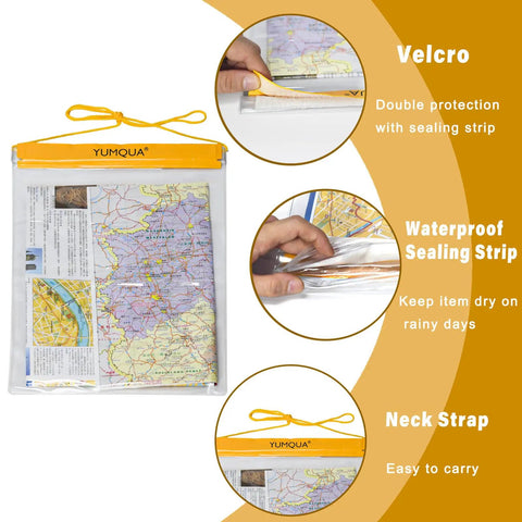 Yellow Large Waterproof Dry Bags 3 Pack Clear Pouches For Documents Maps Phone Keys And Camera showing sealing strip and Velcro