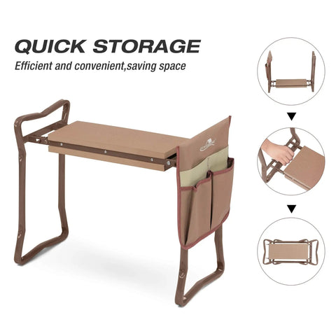 2 In 1 Garden Kneeler And Seat Folding Bench With Tool Pocket And EVA Kneeling Pad Plus Garden Gloves, coffee color open frame view