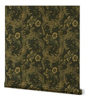Kickstart Your Vibe With This Fresh Indigo Floral Folk Wallpaper Featuring A Slick Gold Metallic Coating Premium Paste The Wall Covering Eco Certified Type I Rated, showing intricate gold floral design on dark background.