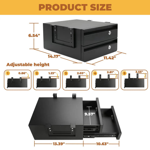 Heavy Duty Two Tier Under Desk Drawer Pull Out Storage Organizer With Secure Lock Quick Glide Rails dimensions and adjustable height features.