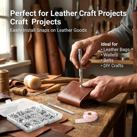 Top Shelf Stainless Steel Snap Fastener Kit Includes Two Hundred Pieces For Leather Heavy Canvas And Garment Repair Built Solid As A Rock With Zero Rust Headaches Everyday, shown with leather wallet and snap tool.