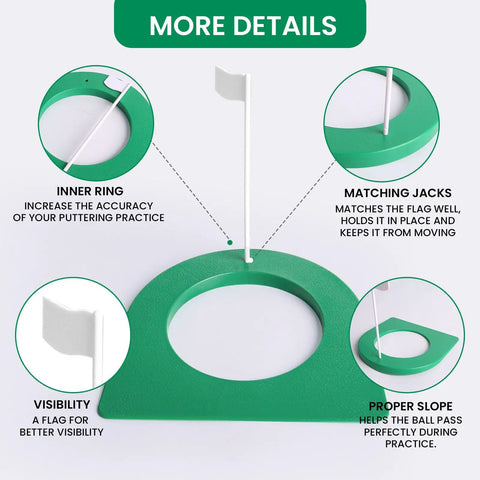 Putting Cup And Flag Training Hole With All Direction Surface For Regulation Practice Indoor Outdoor Golfing 2 Pack Green Cups With White Flags Parabolic Curve Design To Speed Up Putting And Improve Accuracy with detailed features.