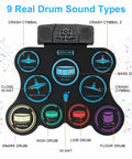 Roll Up Electric Drum Set With 9 Pads For Kids showing labeled pad functions and built-in stereo speakers