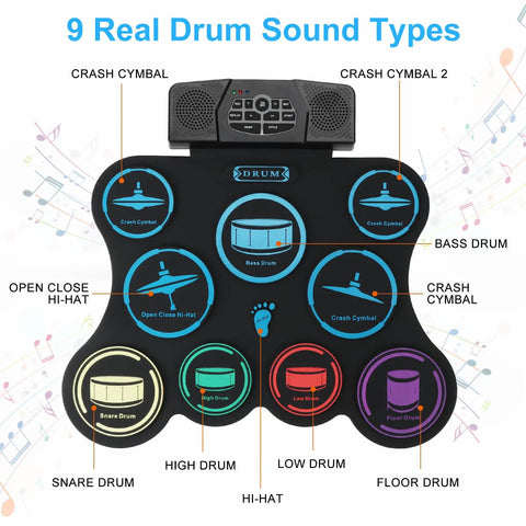 Roll Up Electric Drum Set With 9 Pads For Kids showing labeled pad functions and built-in stereo speakers