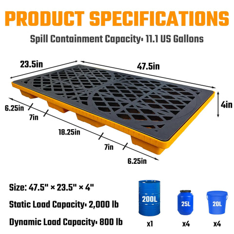 Heavy-Duty Spill Containment Tray Built Tough With Forklift Pockets, 2000 Lb Capacity, Stackable Leakproof Modular Platform