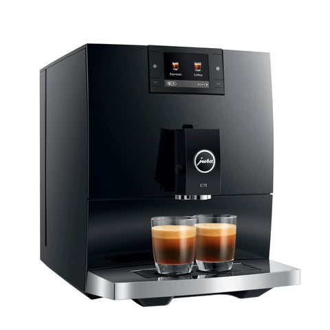Top Tier Automatic Coffee Maker In Sleek Piano Black With One Touch Brewing For Barista Style Espresso and Creamy Latte Blends Made Daily Without The Sweat, dual coffee output.