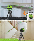 Pro Grade Multi Line Laser Level with four vertical lines and 360° horizontal floor line in home kitchen and stairs setup