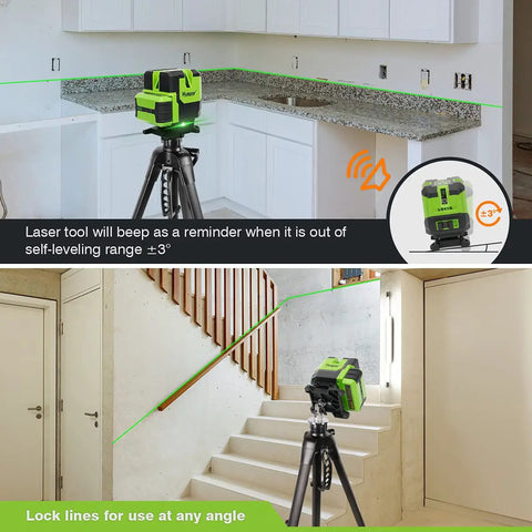 Pro Grade Multi Line Laser Level with four vertical lines and 360° horizontal floor line in home kitchen and stairs setup