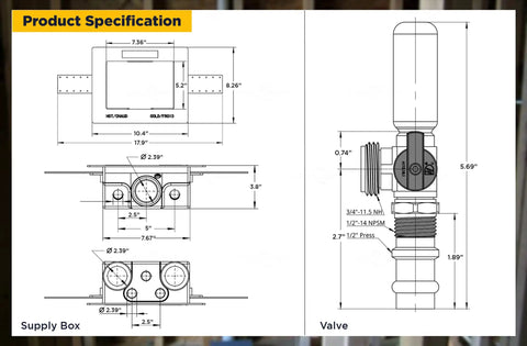 Durable Washer Outlet Box With Brass Water Hammer Arrestor, Half Inch Press Connection, specification diagram