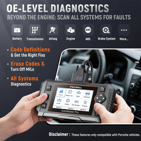 Hands holding NT510 Pro OBD2 Scanner For Porsche Two In One Diagnostic Tool And 12 Volt Battery Tester inside a car