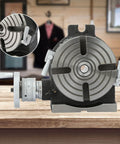 6 Inch Rotary Table For Milling Machines With Vertical And Horizontal Indexing Capabilities, 90 Degree Tilting Dividing Table, Heavy Duty Workholding Fixture For Mill Drill, A Real Workhorse For Precise Circular Indexing For Slotting And Cutting front view.