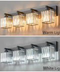 Modern Black Crystal Bathroom Vanity Light 4 Lights Wall Fixture with Clear K9 Crystals showing warm and white light options