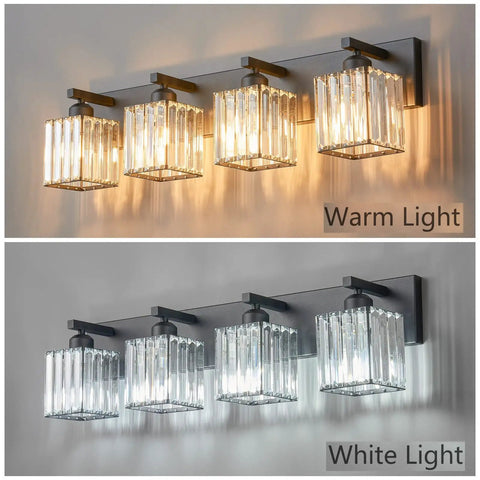 Modern Black Crystal Bathroom Vanity Light 4 Lights Wall Fixture with Clear K9 Crystals showing warm and white light options