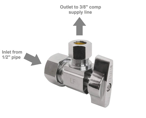 Chrome-plated brass angle shut-off valve, 1/2 in NOM compression inlet to 3/8 in OD compression outlet, square body.