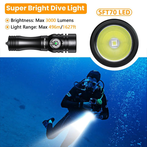 DL02 Scuba Dive Light Beast Mode Power 3000 Lumens 6500K Cool White Beam with Rotary Magnetic Switch in use underwater.