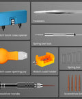 Components of Watch Battery Replacement Kit With Case Back Opener, Five In One Screwdriver, Pry Tools, Spring Bar Tool, Tweezers.