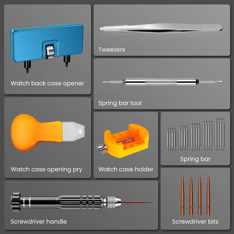 Components of Watch Battery Replacement Kit With Case Back Opener, Five In One Screwdriver, Pry Tools, Spring Bar Tool, Tweezers.
