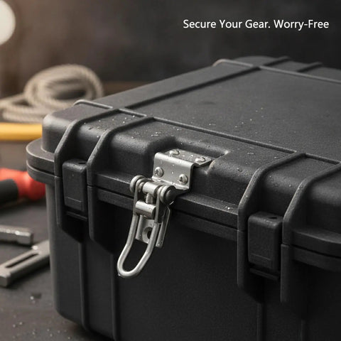 Heavy Duty Adjustable Toggle Latch 304 Stainless Steel Draw Closure for Marine Deck Boxes, shown on black tool case