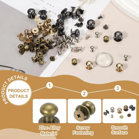 7 mm Leather Rivets Set Bronze Ball Head Stud Screw Back Round Head Button Chicago Style Nipple Rivets For Leather DIY Craft Handbags Belts Repairs, 20 Sets displayed with zinc alloy material and screw fastening details.