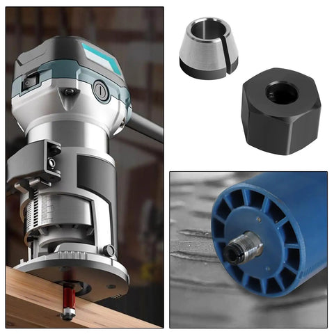 Collet Nut And Collet Cone Sleeve Combo For R2400 R2401 R86044 R860443 Laminate Trimmer Router No Fuss Quick Swap Replacement Kit Pro Grade Fit And Easy Installation 1 Pack seen with trimmer and components.