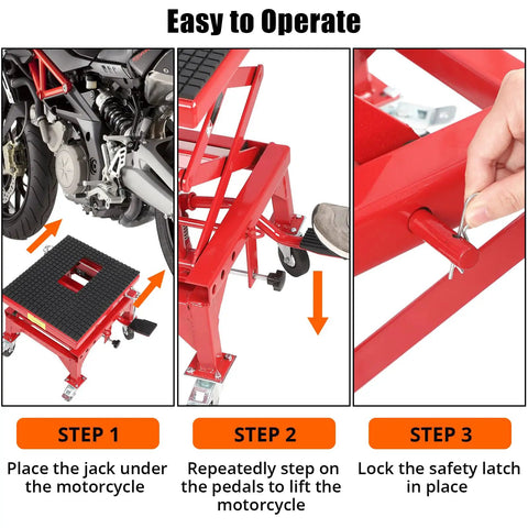 Easy operation of Heavy Duty 350 Lb Hydraulic Motorcycle Lift Jack With Foot Operated Scissor Stand for motorcycles