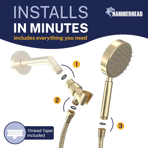 Installation diagram of Solid Metal Handheld Shower Head With Hose And Brass Holder, Polished Brass Finish, showing key components.