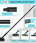 Diagram of 3 In 1 Bathtub Scrubber With Long Reach Extends 51 Inches featuring replaceable brush heads and thickened handle.