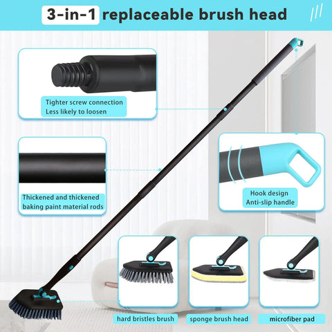 Diagram of 3 In 1 Bathtub Scrubber With Long Reach Extends 51 Inches featuring replaceable brush heads and thickened handle.