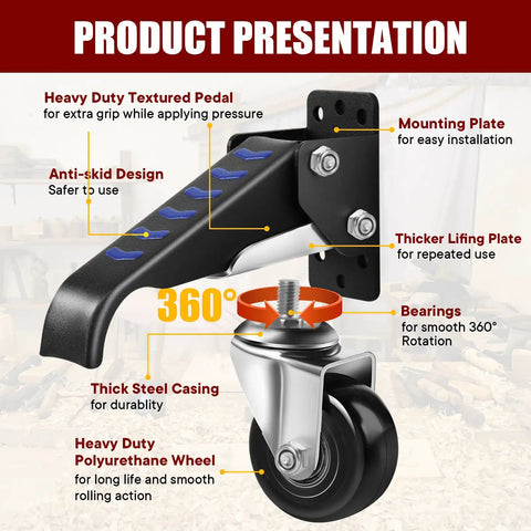 Heavy Duty Retractable Caster Wheels For Workbenches 700 Lb Capacity 4 Pack showcasing textured pedal and durable steel casing.