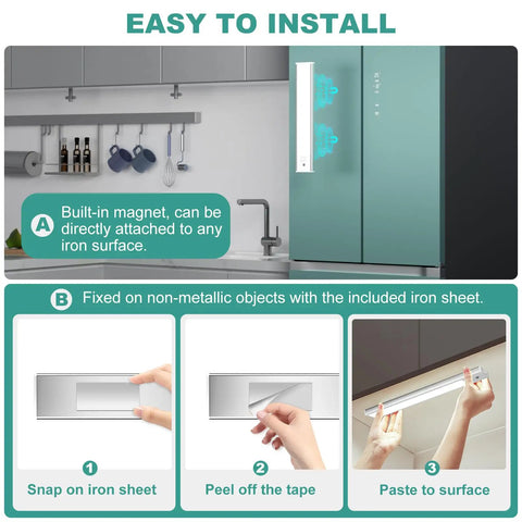 Ultra Thin 60cm Under Cabinet Lights With 106 LEDs No Fuss Rechargeable 5000mAh Battery Motion Sensor Auto On Indoor Lighting installation guide.