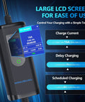 Portable Level 2 EV Charger 16A 110 240V with LCD screen showing charge status options