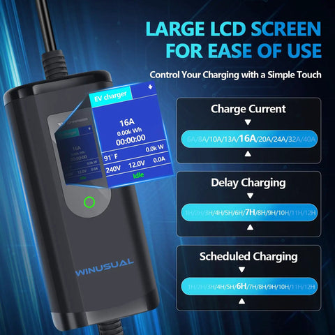 Portable Level 2 EV Charger 16A 110 240V with LCD screen showing charge status options