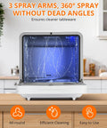Hella Compact Countertop Dishwasher With Built In Five Liter Tank Six Custom Wash Cycles showing 360° spray arms and clean interior.