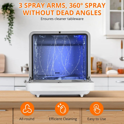 Hella Compact Countertop Dishwasher With Built In Five Liter Tank Six Custom Wash Cycles showing 360° spray arms and clean interior.
