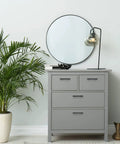 Gray dresser with Black Cabinet Handles 30 Pack Four Inch Matte Square Drawer Pulls For Kitchen Cabinets With Six And Three Eighths Inch Overall Length Durable Metal Construction With Smooth Matte Finish For Easy Sliding And Long Lasting Use, modern decor with mirror and potted plant in a room corner