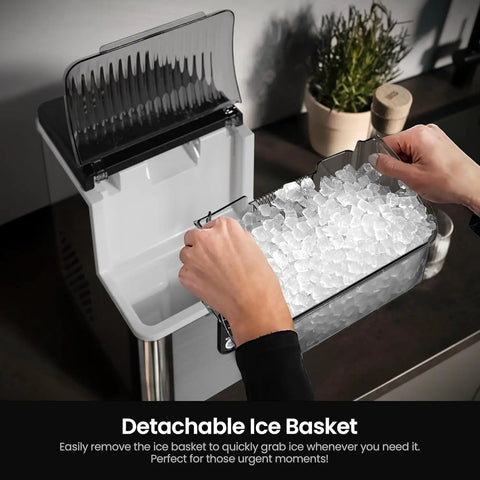 Hands holding detachable ice basket filled with nugget ice from Rapid Chill Countertop Nugget Ice Maker Churns Out 35 Pounds Daily.